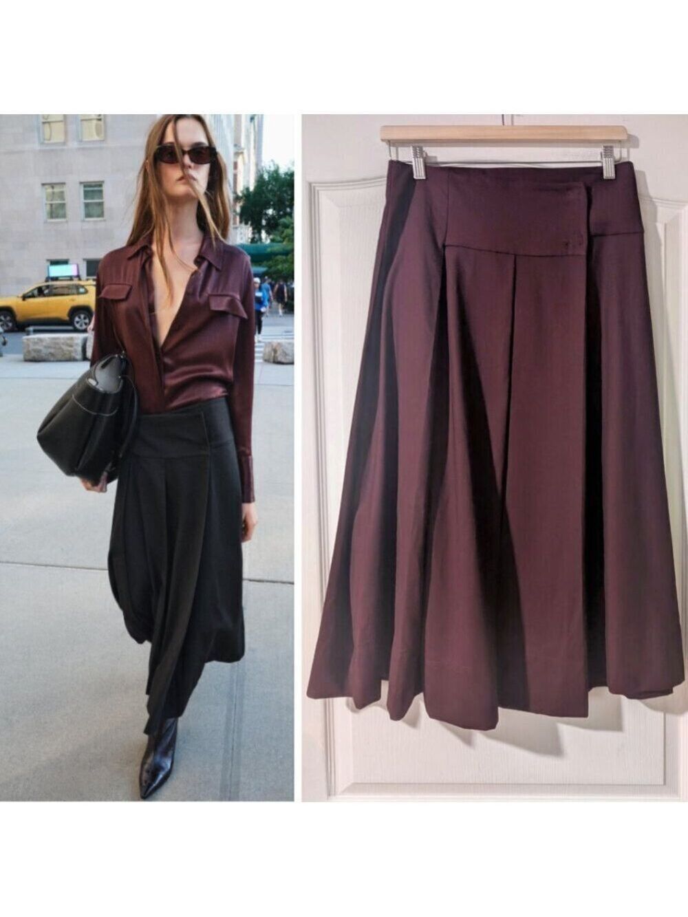 NEW Zara | High-waist Pleated Midi Skirt In Burgundy